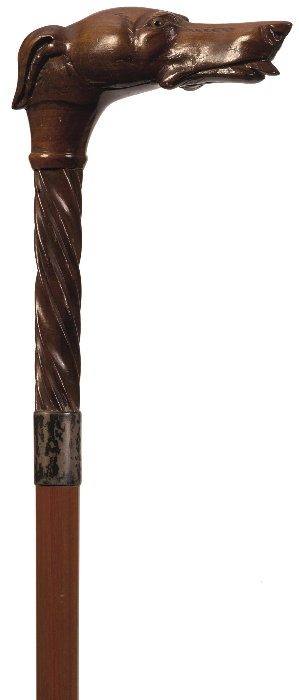 AN EARLY 20TH CENTURY WALKING CANE, the rosewood handle carved as the head of a greyhound, spiral - Image 2 of 2