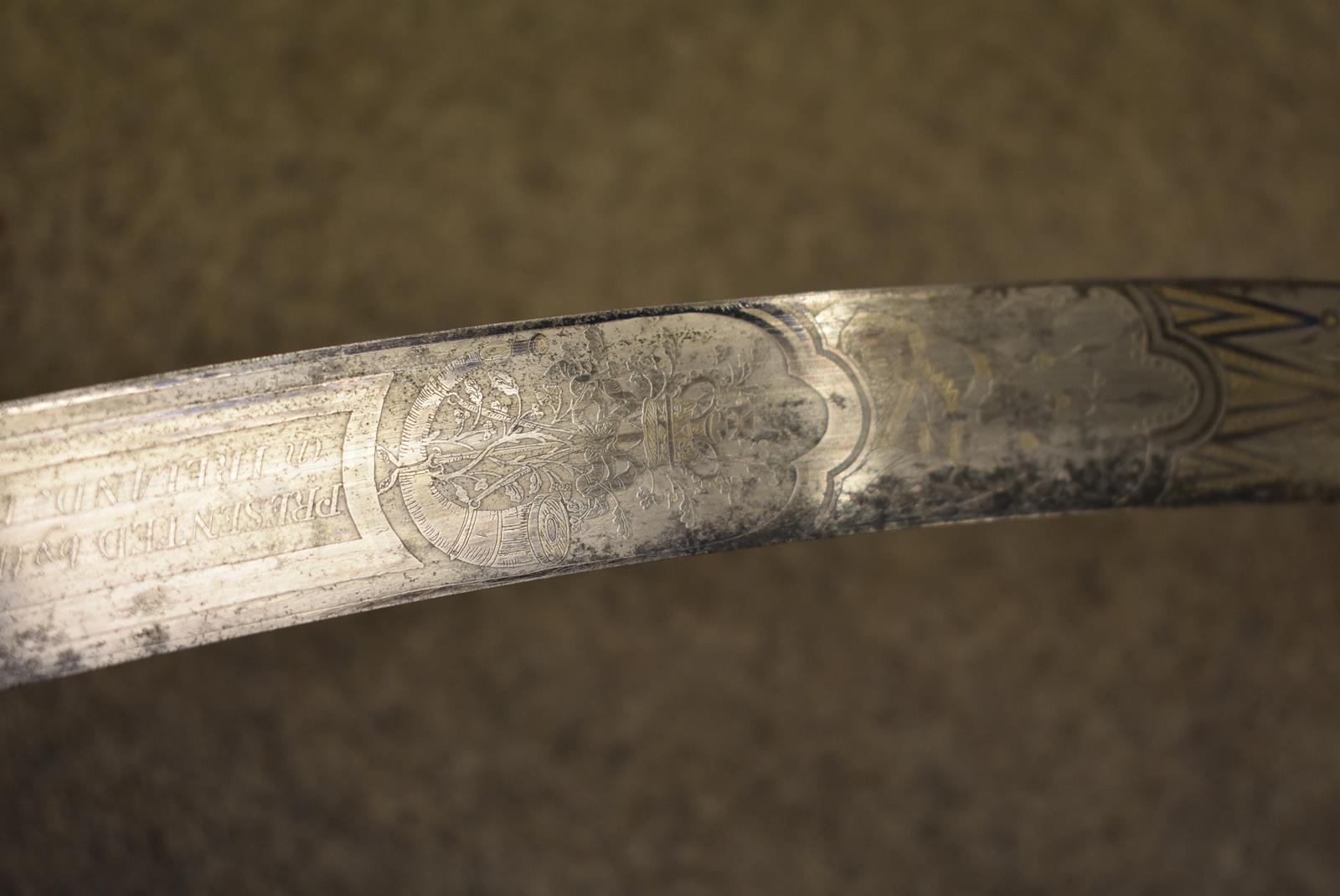 A GEORGIAN IRISH MILITIA PRESENTATION SABRE BY PROSSER, 80cm curved blade frost etched and decorated - Image 14 of 17