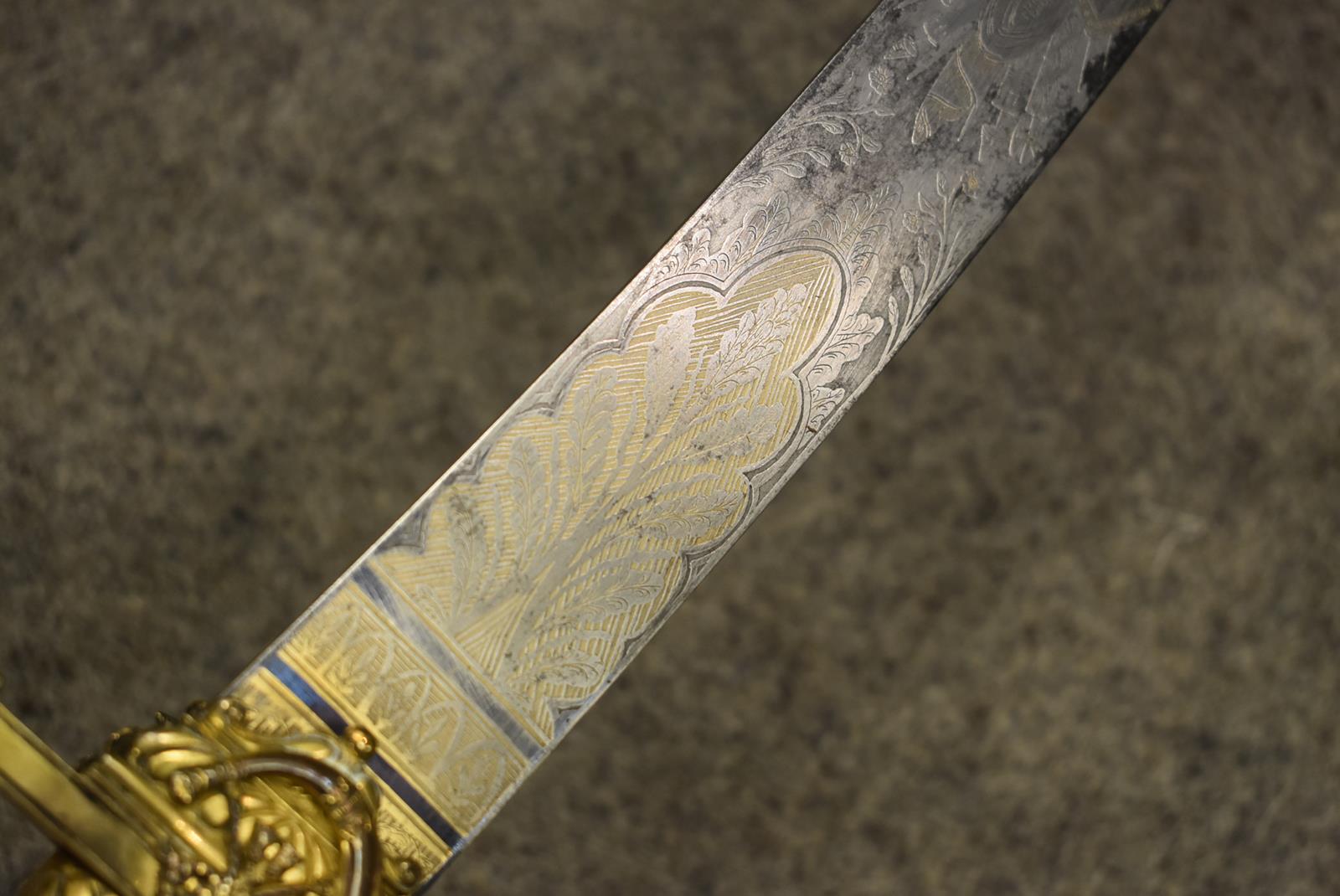 A GEORGIAN IRISH MILITIA PRESENTATION SABRE BY PROSSER, 80cm curved blade frost etched and decorated - Image 10 of 17