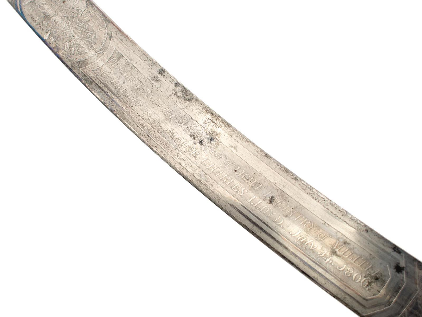 A GEORGIAN IRISH MILITIA PRESENTATION SABRE BY PROSSER, 80cm curved blade frost etched and decorated - Image 3 of 17