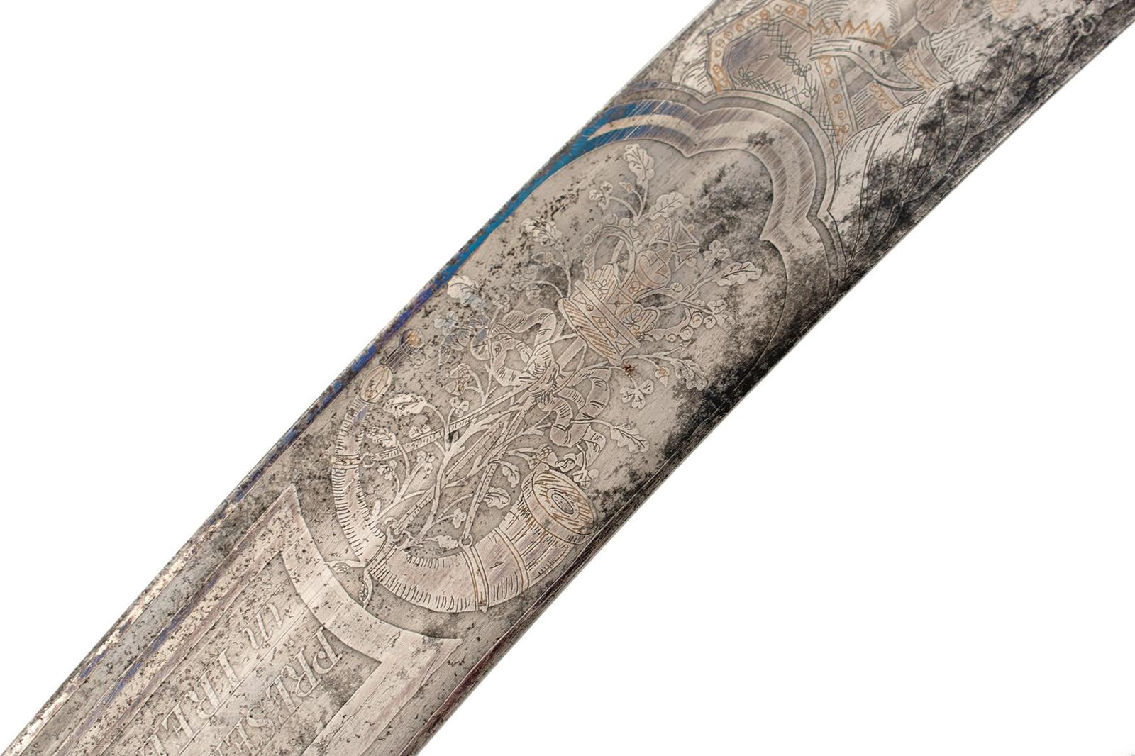 A GEORGIAN IRISH MILITIA PRESENTATION SABRE BY PROSSER, 80cm curved blade frost etched and decorated - Image 2 of 17