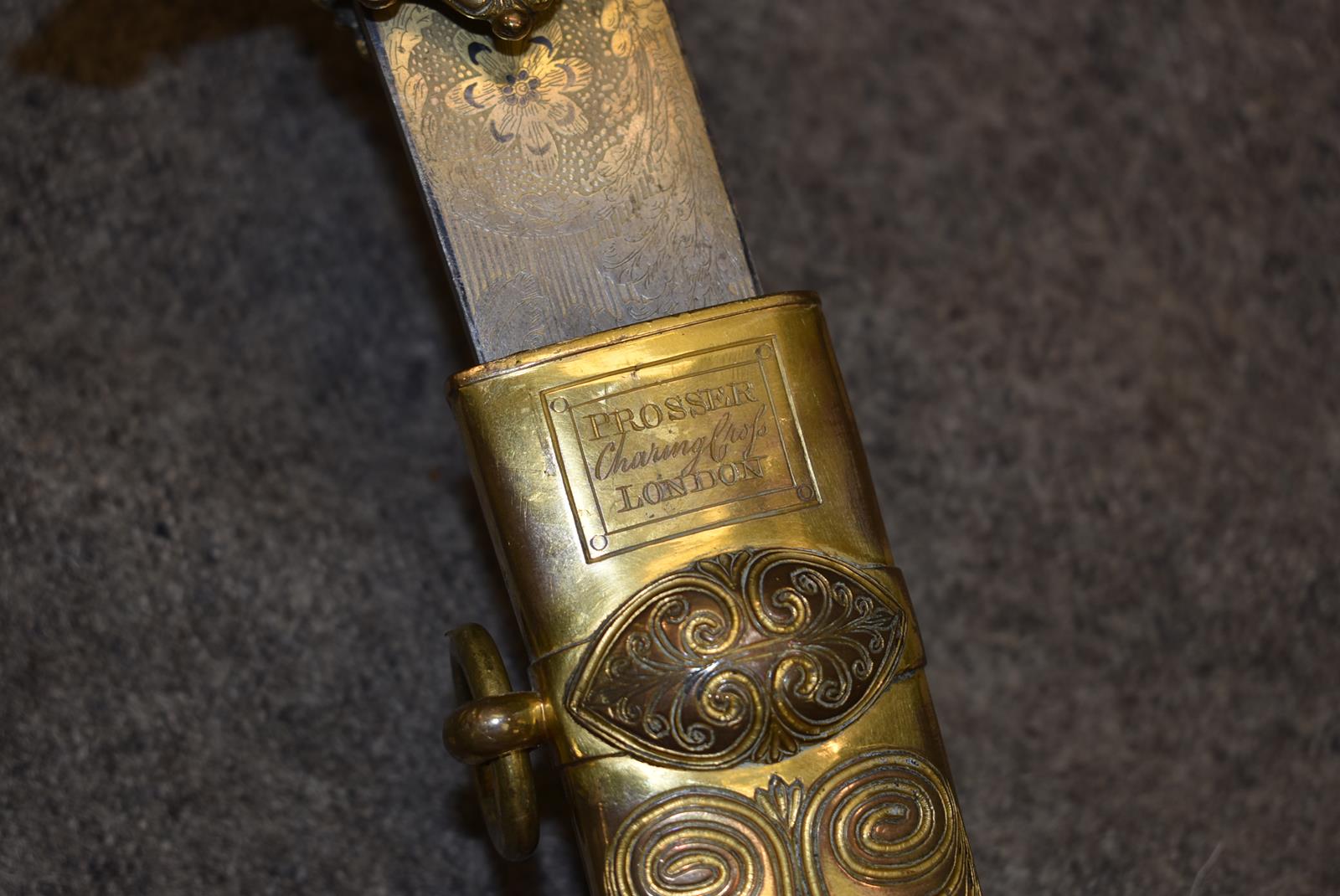 A GEORGIAN IRISH MILITIA PRESENTATION SABRE BY PROSSER, 80cm curved blade frost etched and decorated - Image 8 of 17