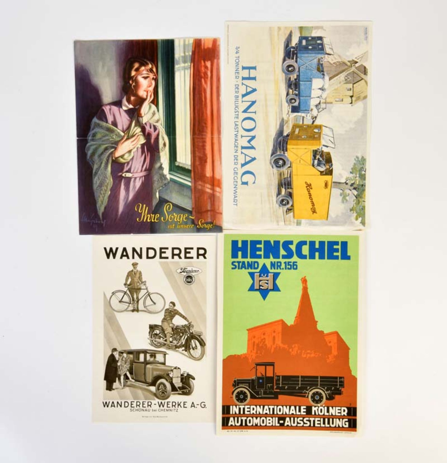 4 Plakate "Henschel Automobil", "Dunlop", "Hanomag" + "Wanderer", DIN A 4, sehr guter Zustand4