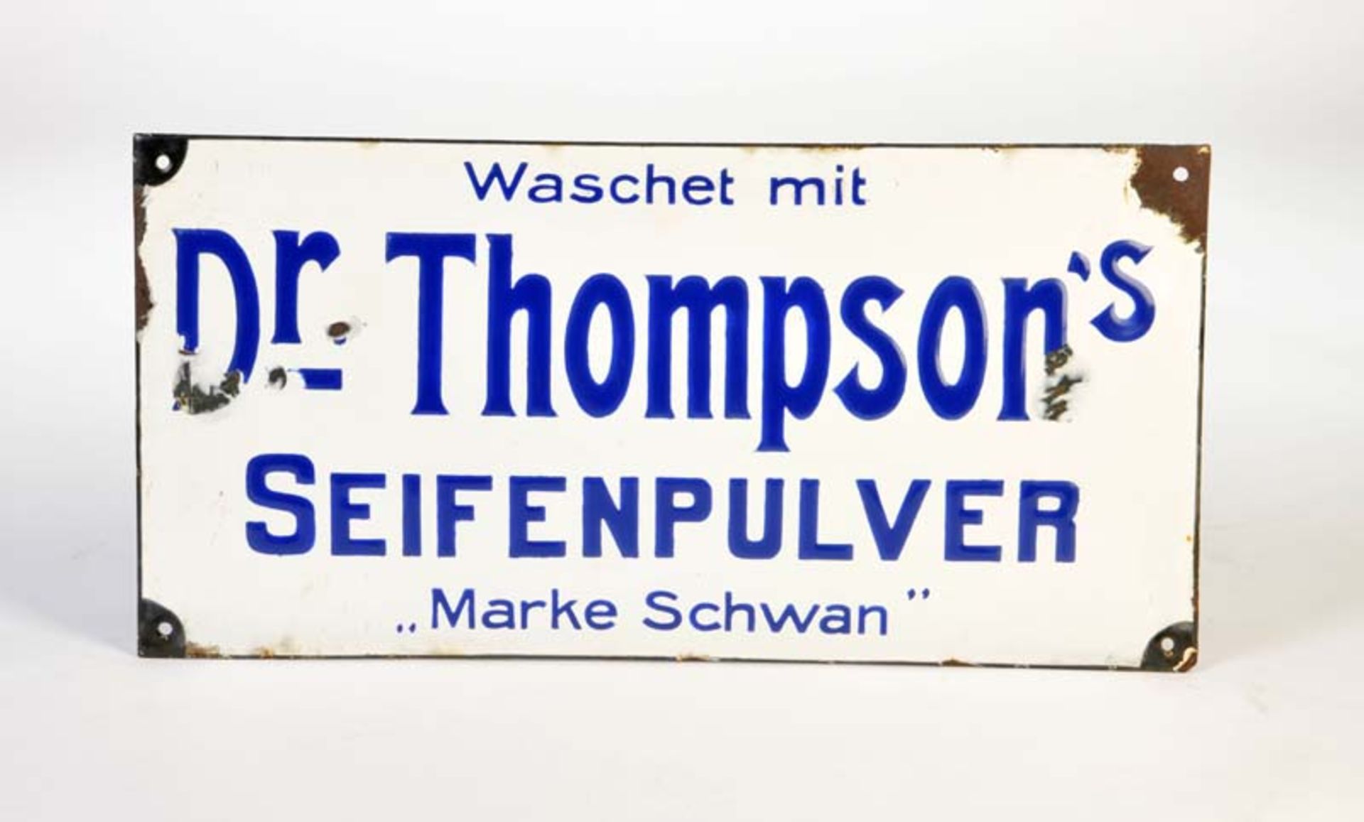 Emailleschild "Dr. Thompson'sSeifenpulver", 25x50 cm, LM an den Rändersn, kleine Abplatzer, Z 2-
