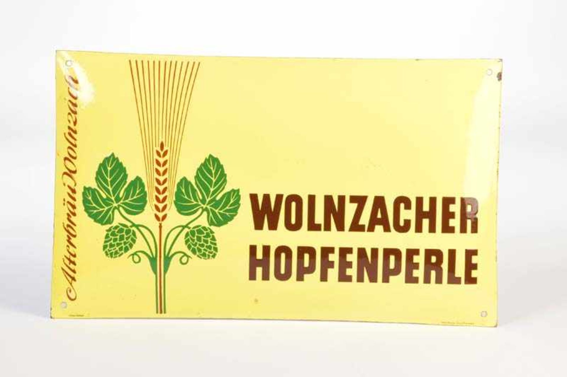 Emailleschild ""Wolnzacher Hopfenperle", 30x50 cm, Münchner Emaillierwerk, gewölbt, Z 1-Enamel