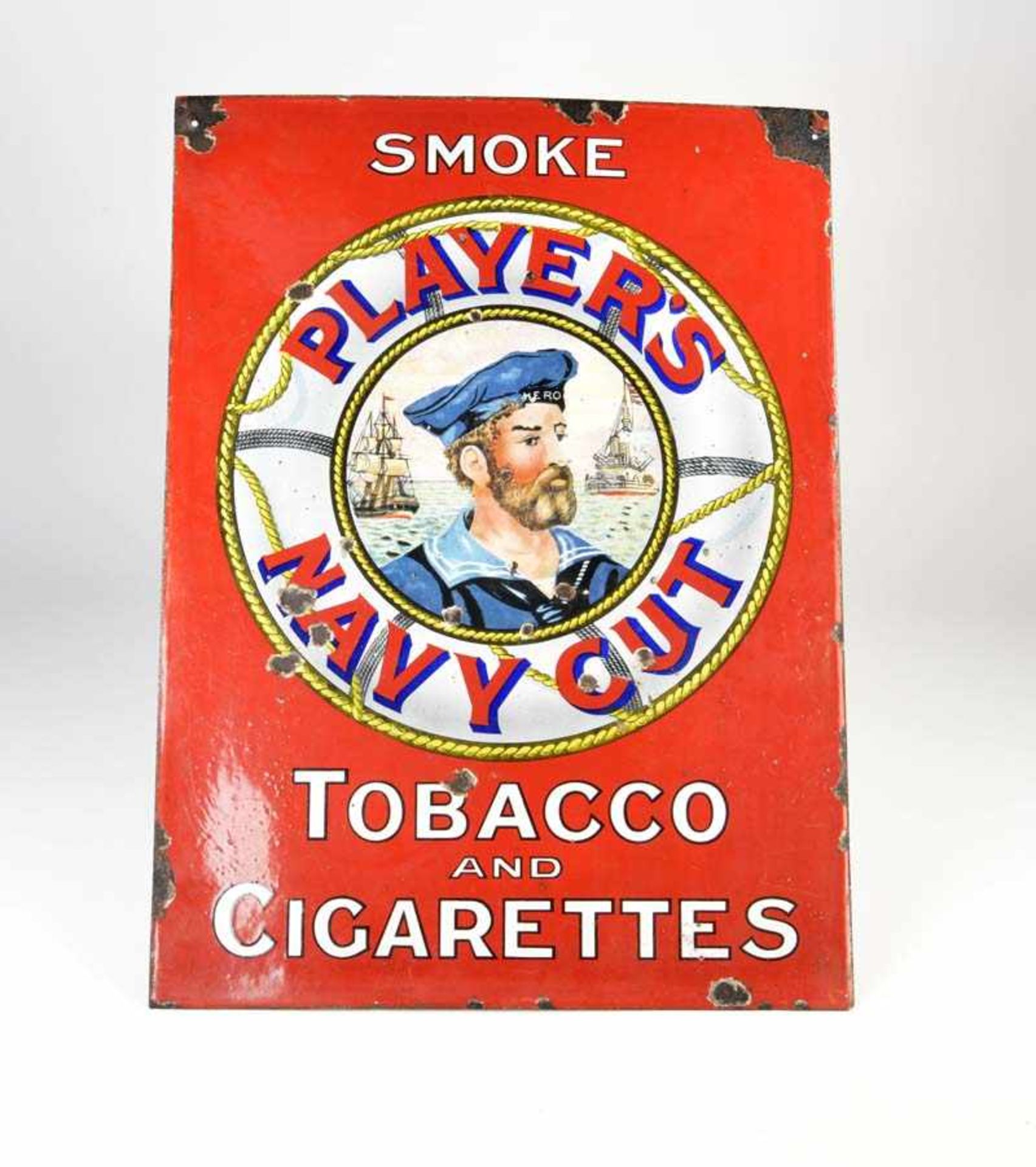 Emailleschild "Player's Navy Cut + Tobacco and Cigarettes", 56x76 cm, LM, einige Abplatzer, Z 2-