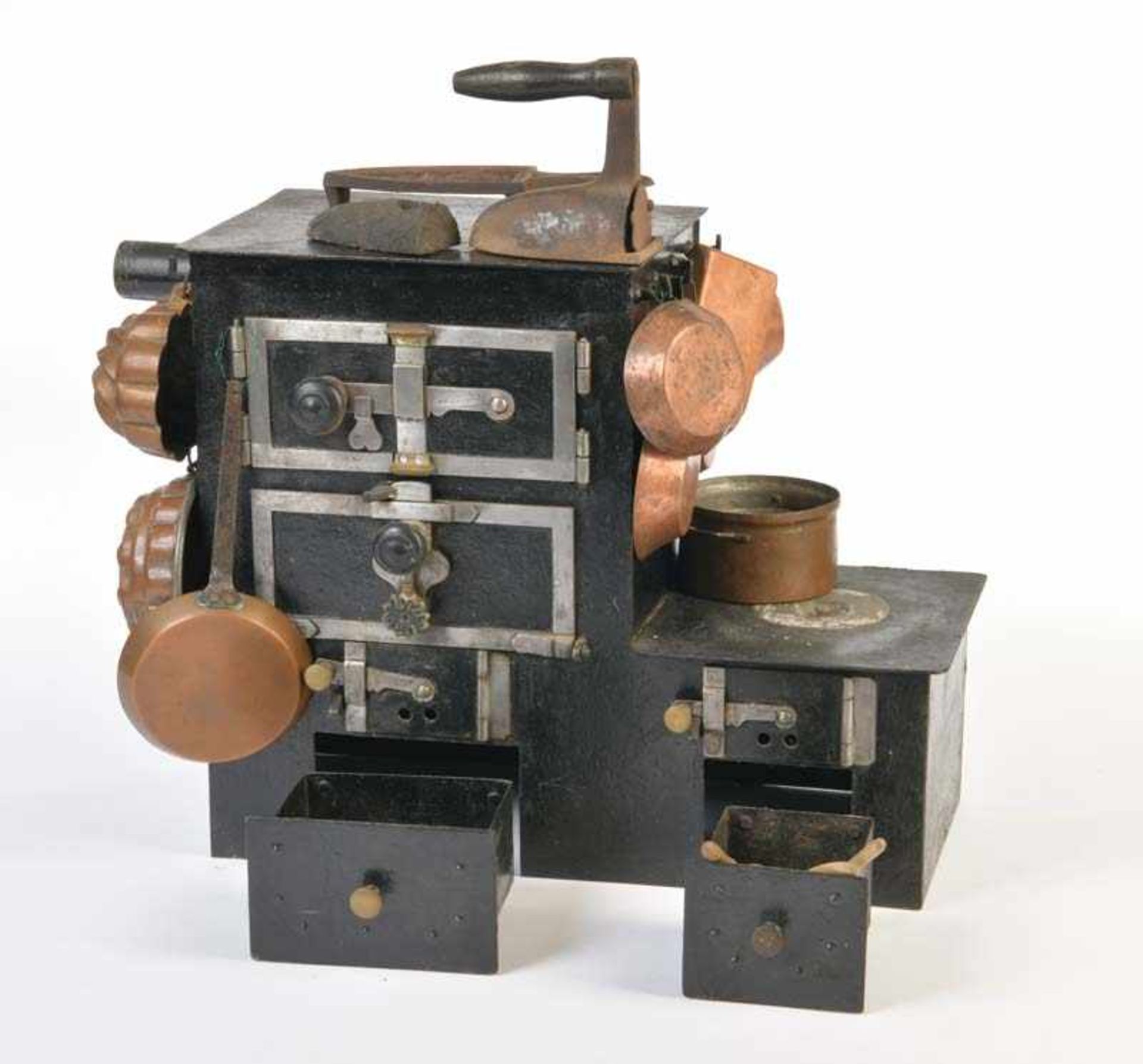 Puppenherd "Kochmaschine" um 1820, Germany VK, 36x31x16 cm, Blech, mit Zubehör, AltersspurenDoll's