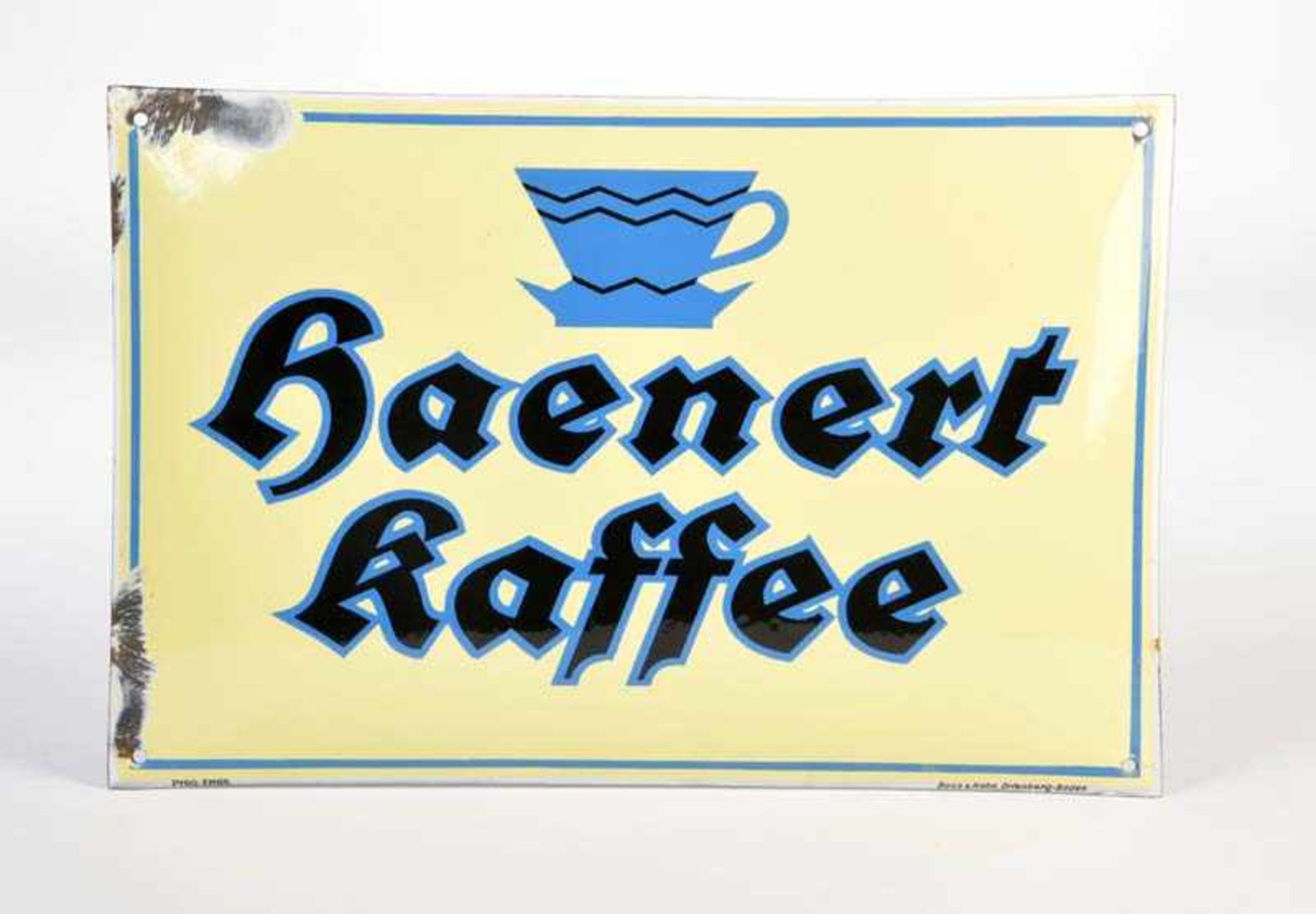 Emailleschild "Haenert Kaffee", 33x49,5 cm, gewölbt, kleinere Abplatzer am linken Rand, Boos & Hahn,