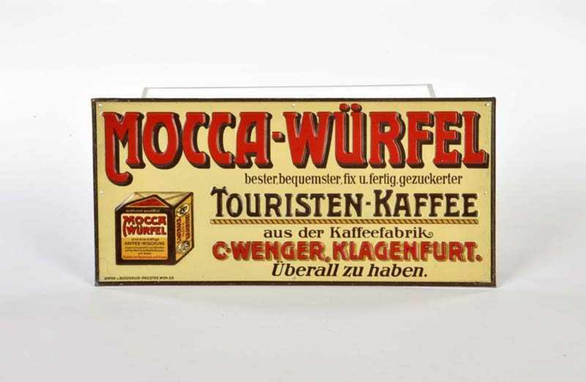 Blechschild "Mocca Würfel", 16,5x35 cm, Papier und Blechdruck Industrie Wien, Z 1-Tin Plate "Mocca