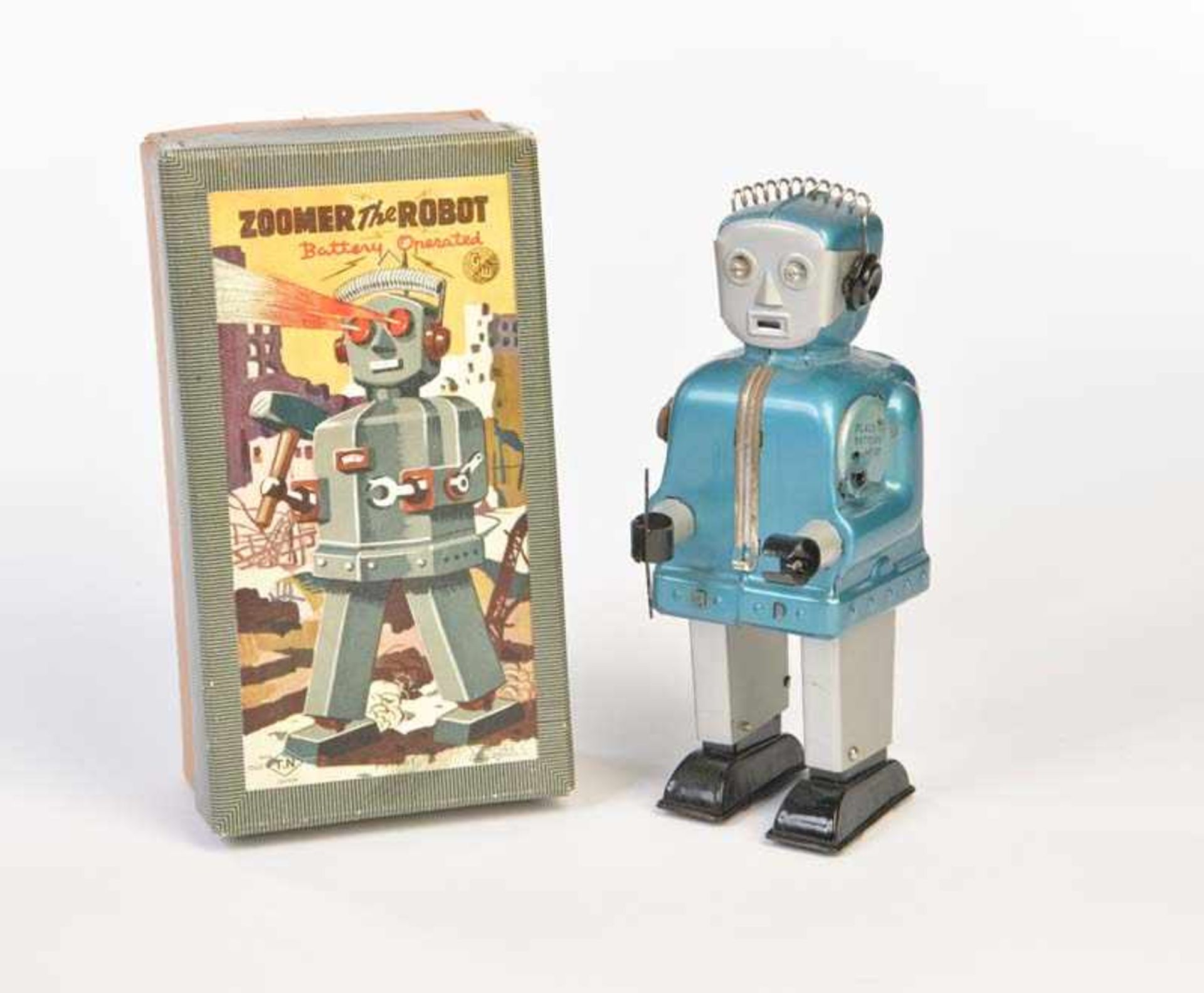 TN Nomura, Zoomer the Robot, Japan, 20 cm, Blech, Bat. Antrieb nicht geprüft, Okt Z 1-2, Z 2+TN