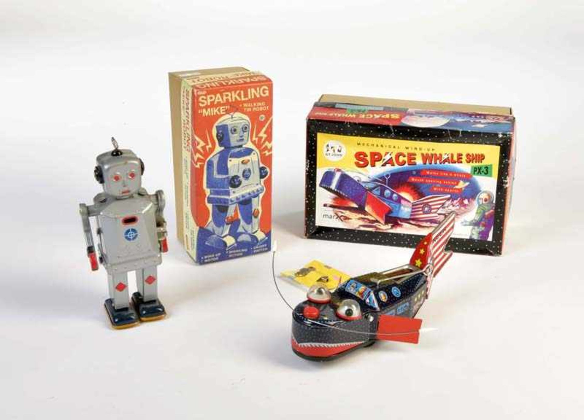 Schylling, Marxu, Sparkling Mike Robot + Space Whale Ship, 19 + 24 cm, Blech, UW ok, Okt, Z 1/1-