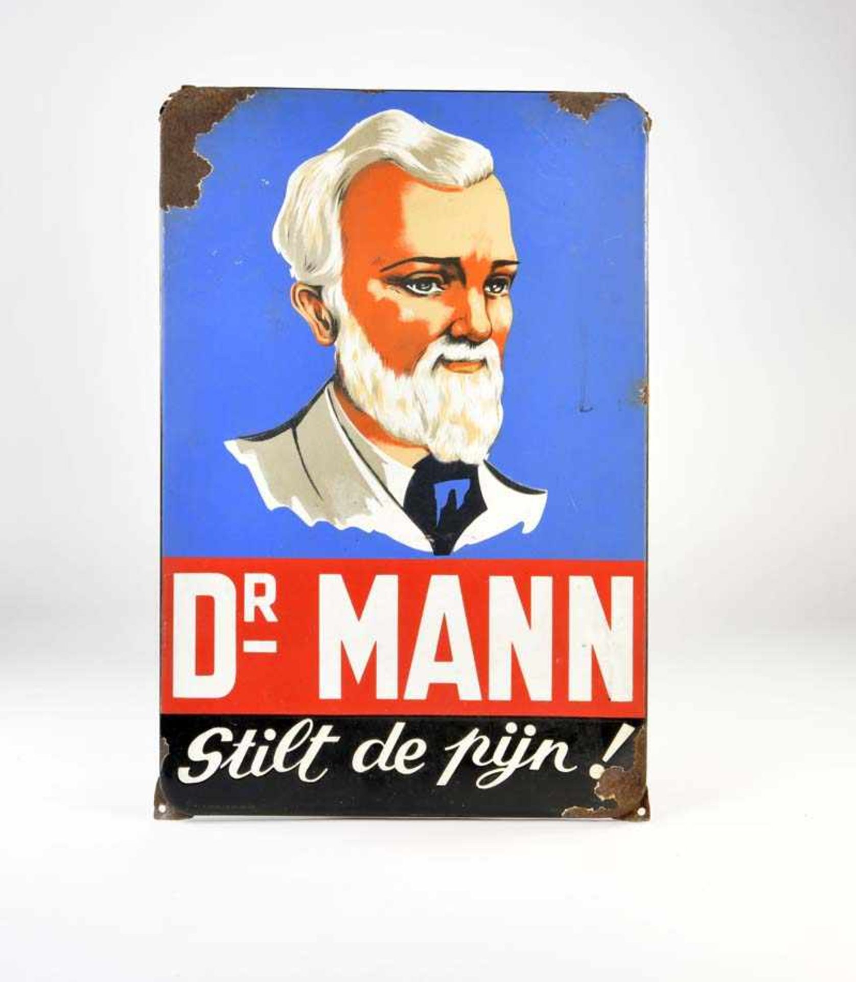 Emailleschild "Dr. Mann", 47x71 cm, LM, abgekantet, Ränder teilw. beschädigt, Z 2-3Enamel Sign "