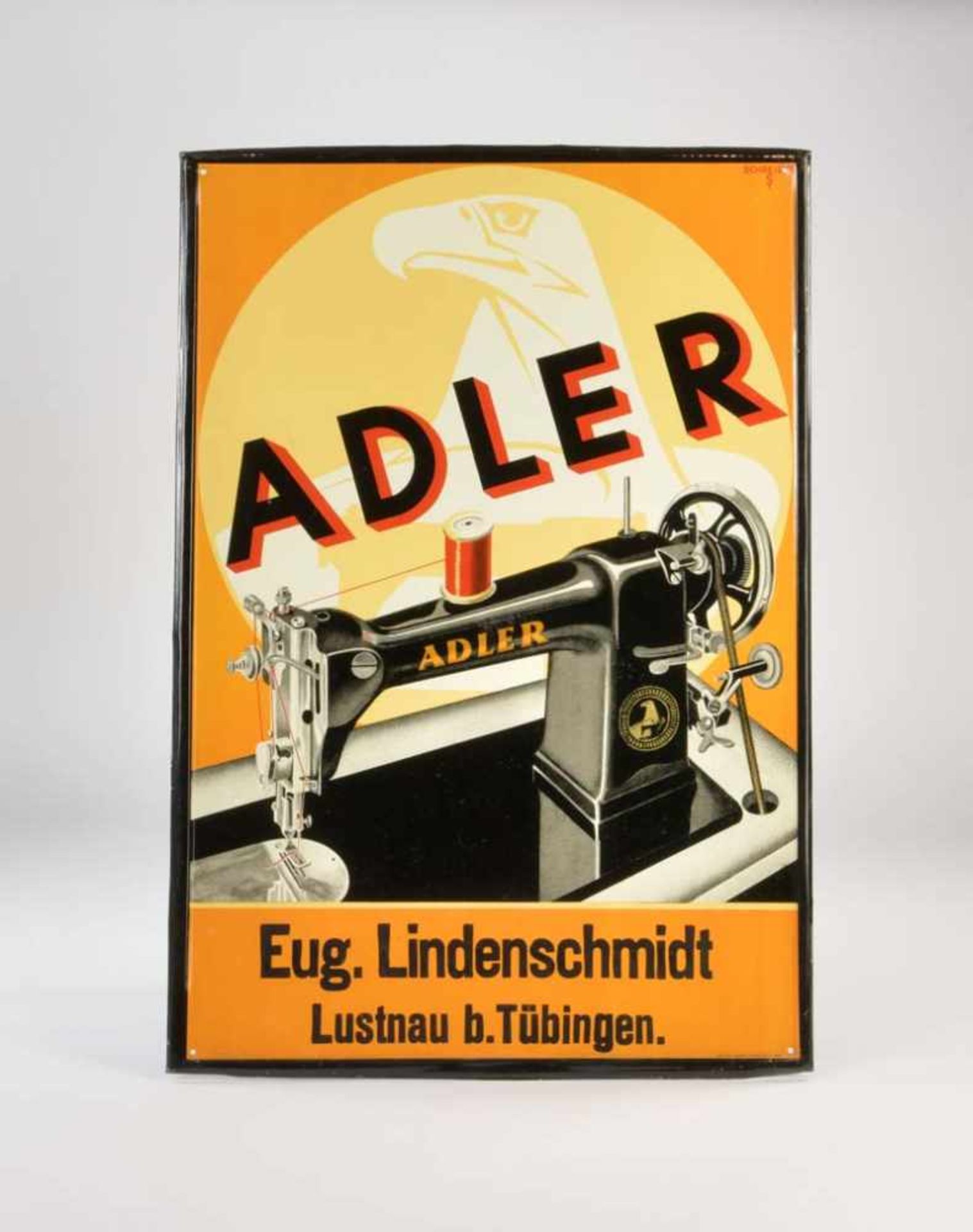 Blechschild "Adler Nähmaschinen", 50,5x73 cm, Eug. Lindenschmidt Lustnau b. Tübingen, Z 1Tin Plate