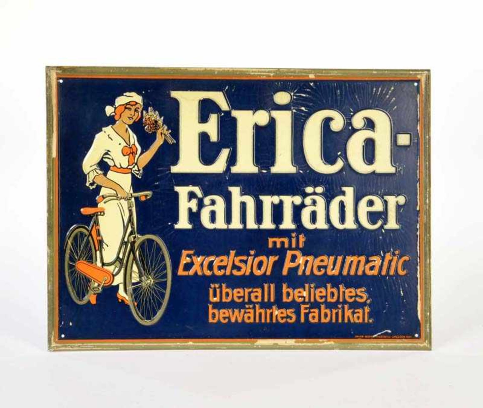 Blechschild "Erica Fahrräder", 30,5x42 cm, min. LM, Union Werke Redebeul Dresden, Z 2Tin Plate