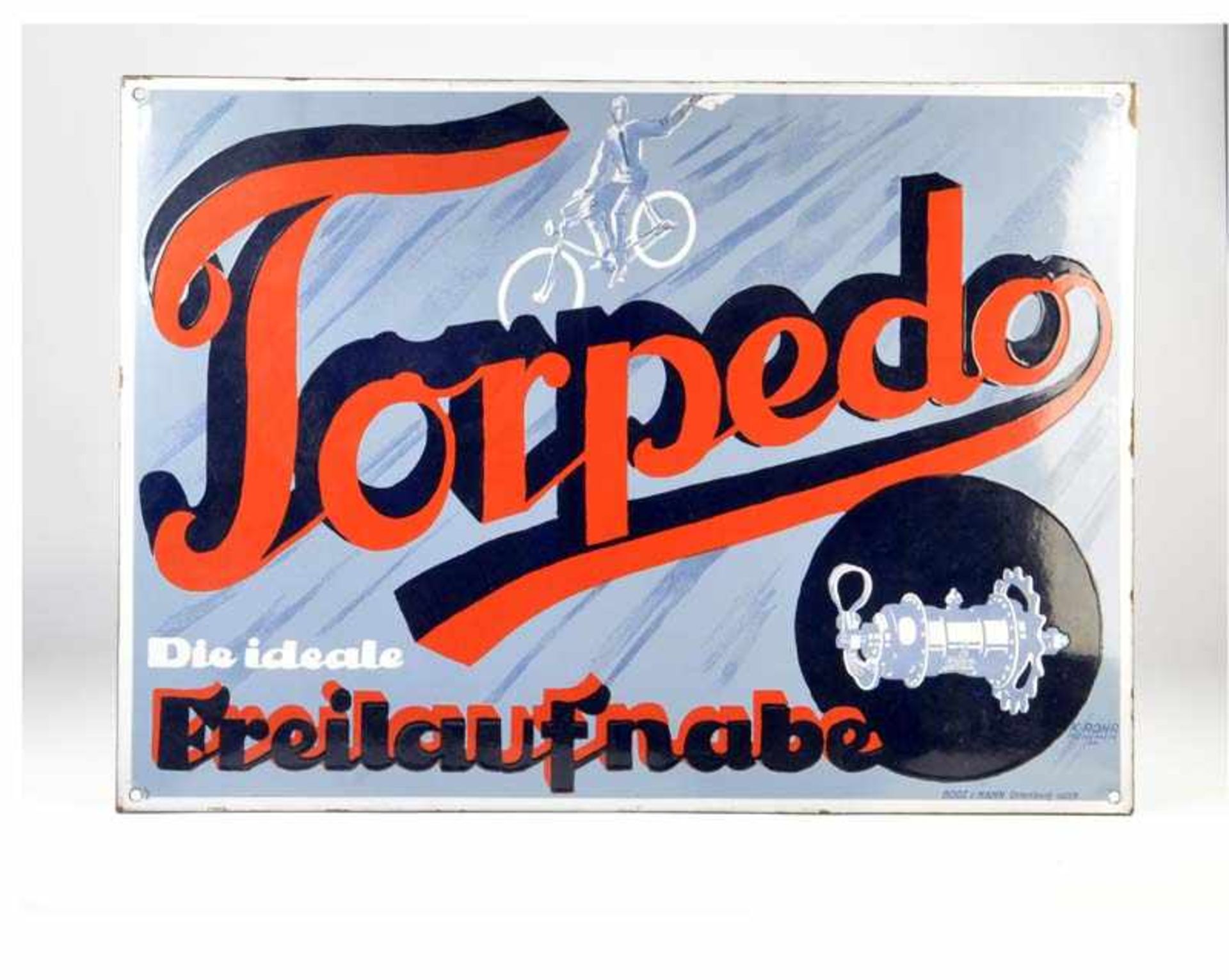 Emailleschild "Torpedo-Die ideale Freilaufnabe", 64x88 cm, abgekantet, Boos & Hahn, Z 1-Enamel
