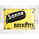 Emailleschild "Sonne Briketts", 49x75 cm, LM, gewölbt, einige Ablatzer, Z 3Enamel Sign "Sonne