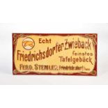 Blechschild " Friedrichsdorfer Zwieback", 49,5x24,5 cm, min. LM, Otto Lutze, Berlin, Z 2Tin Plate