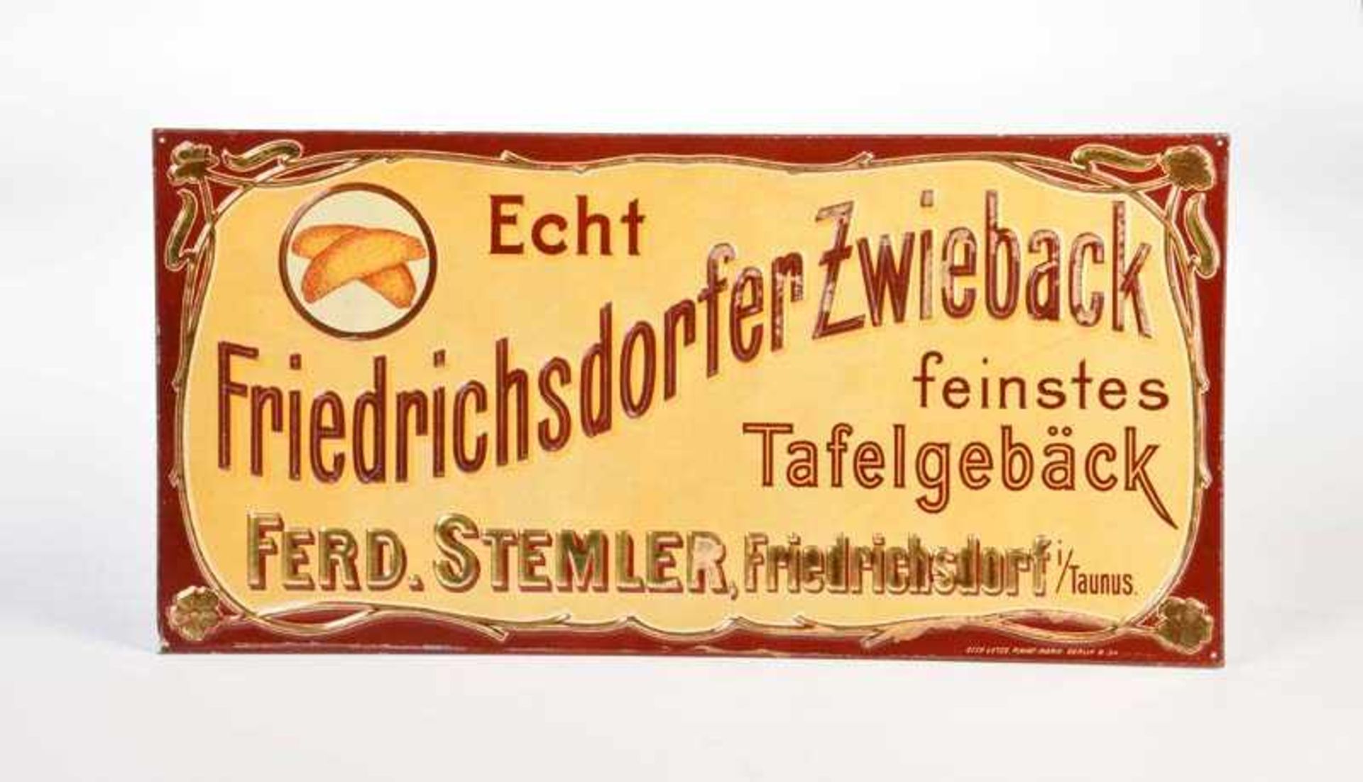 Blechschild " Friedrichsdorfer Zwieback", 49,5x24,5 cm, min. LM, Otto Lutze, Berlin, Z 2Tin Plate