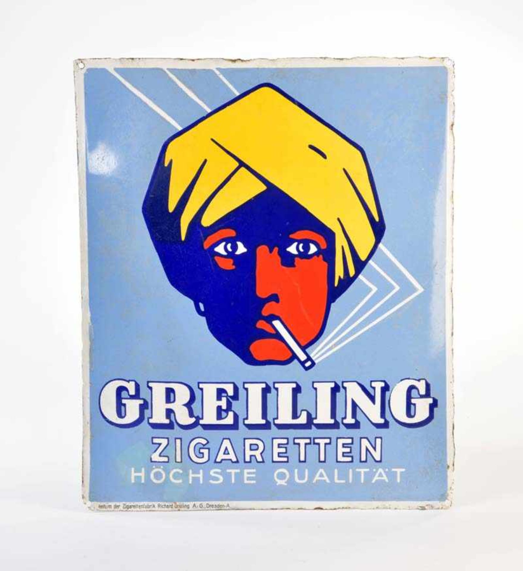 Emailleschild "Greiling Zigaretten", 49x59 cm, an 2 Buchstaben min. ausgebessert, sonst guter