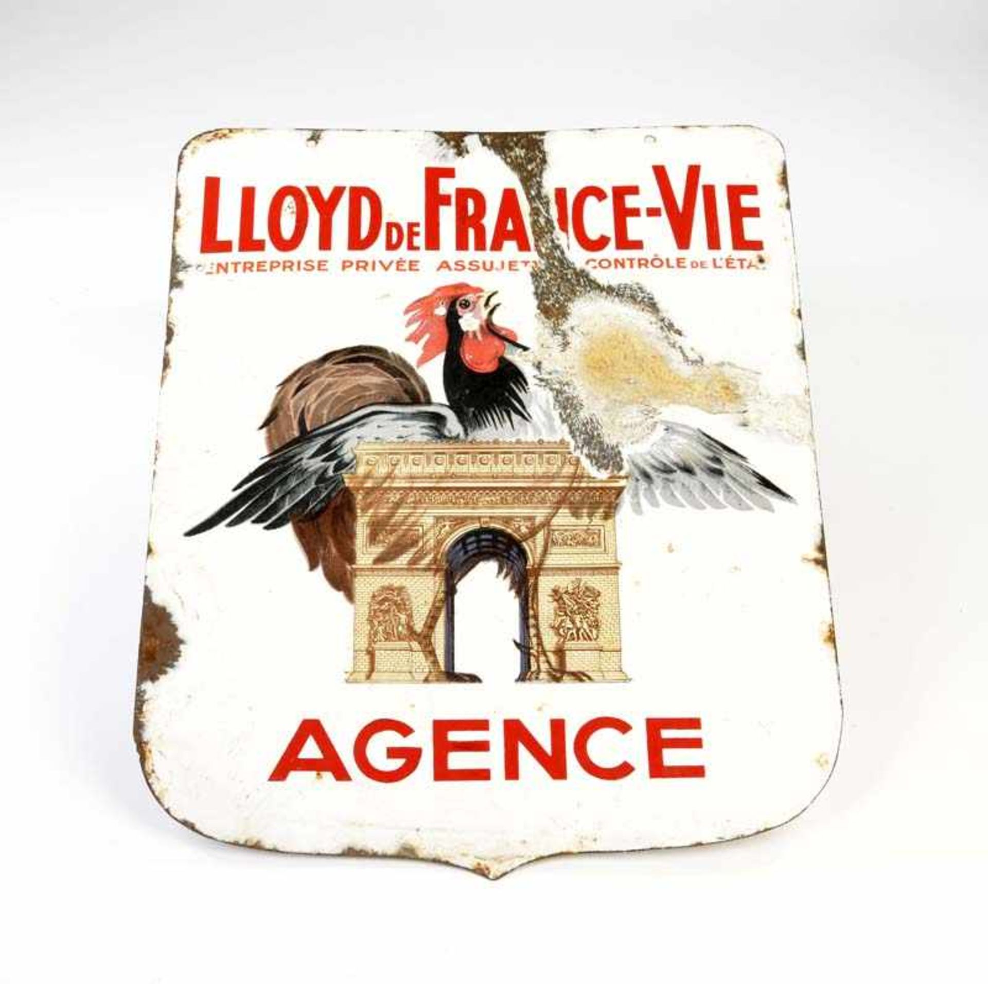 Emailleschild "Lloyd de France - Vie Agence", 47x60 cm, LM, RS, Beschädigungen, beidseitig