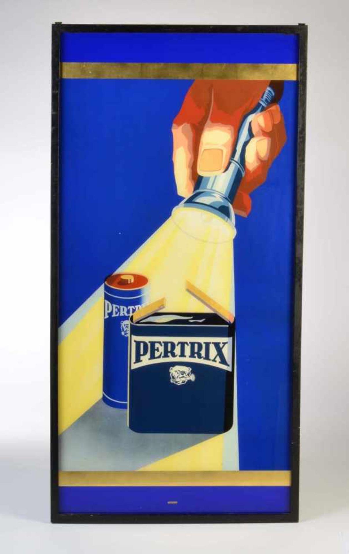 Glaswerbeschild "Pertrix", 60x120 cm, 30er Jahre, mit Holzrahmen, kein VersandAdvertising Sign out