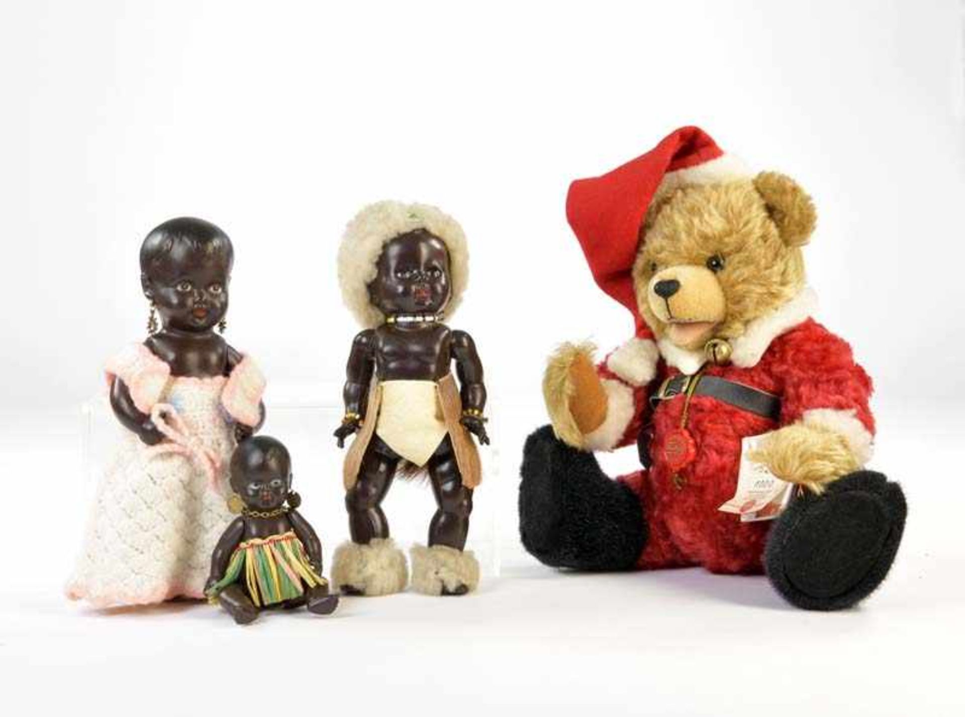 Hermann Bär + 3 Celluloid Puppen, 35 + 13 cm, sehr guter ZustandHermann Bear + 3 Puppets out of