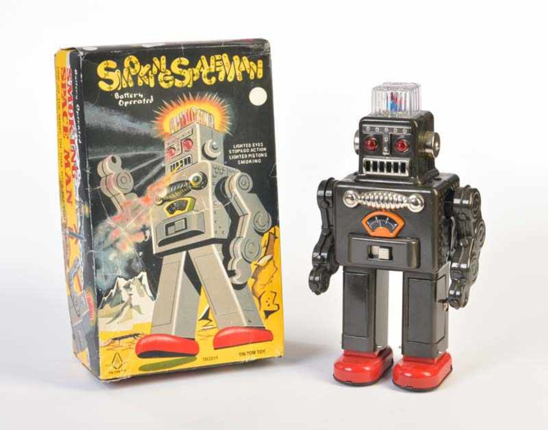 Tin Tom Toy, Smoking Spaceman Robot, China, 31 cm, GemBw, Bat. Antrieb ok, Okt Z 2, Kuppel