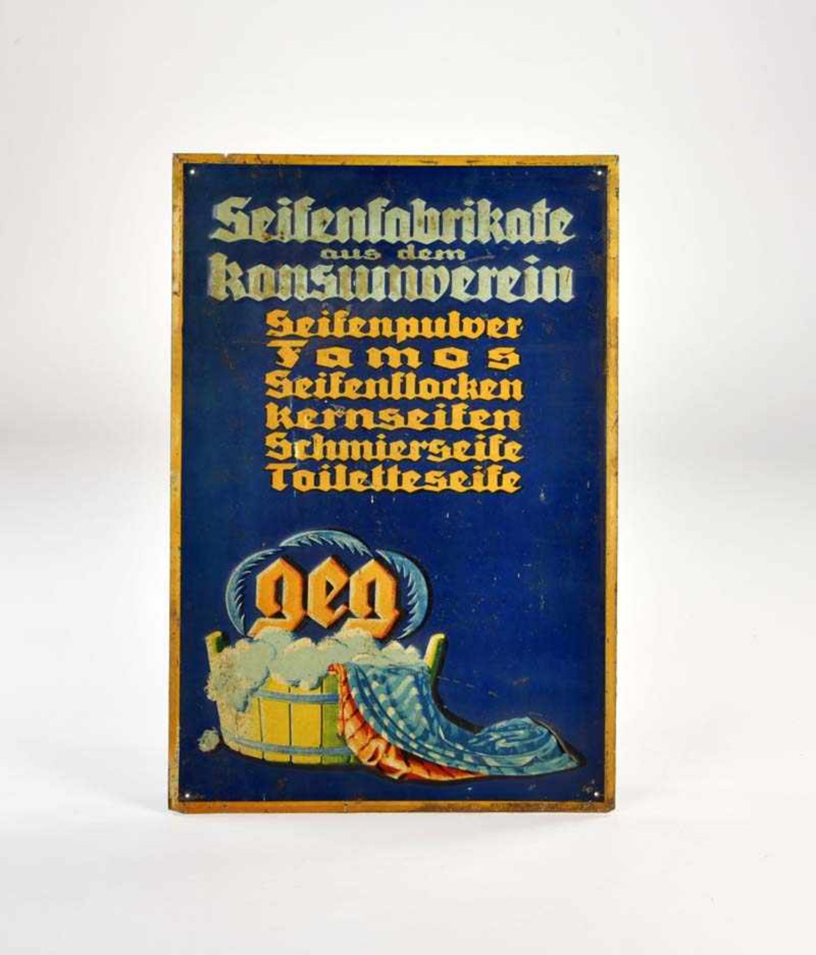 Blechschild "Seifenfabrikate geg" 32x46,5 cm, LM, Z 3Tin Plate Sign "Seifenfabrikate geg", paint d.,