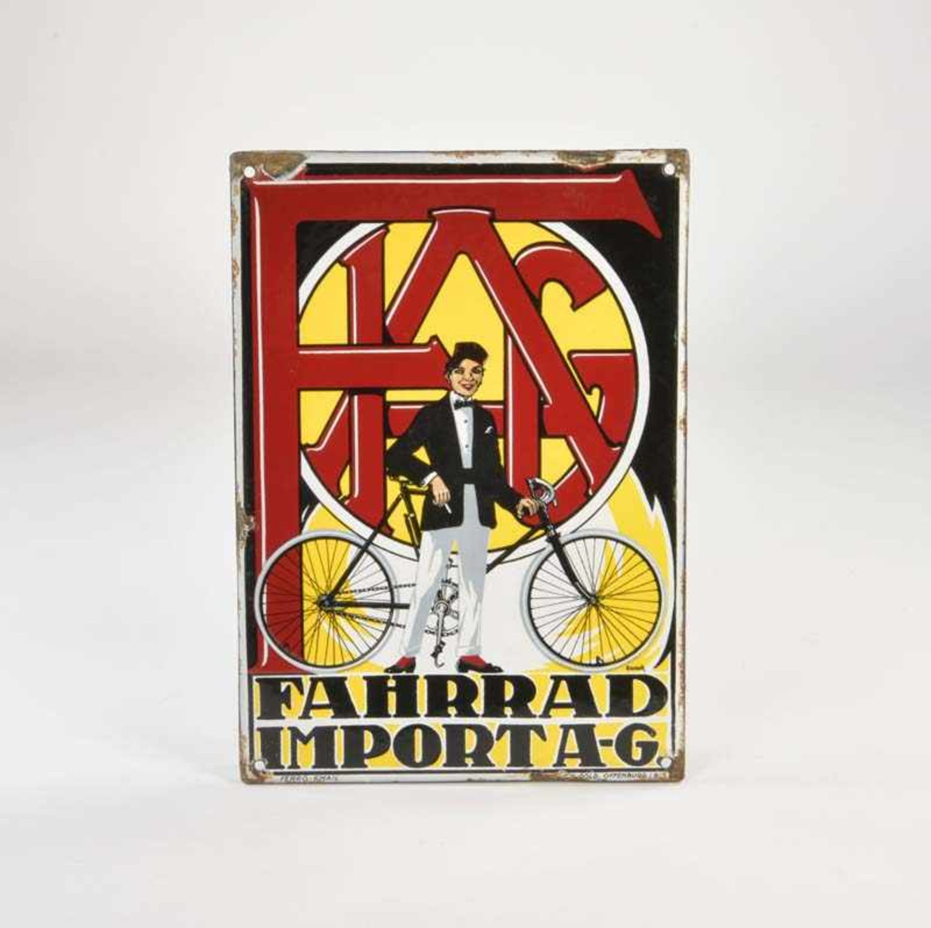 Emailleschild "FAG Fahrrad Import AG", 27x38 cm, abgekantet, 1910, min. LM an den Rändern, sonst