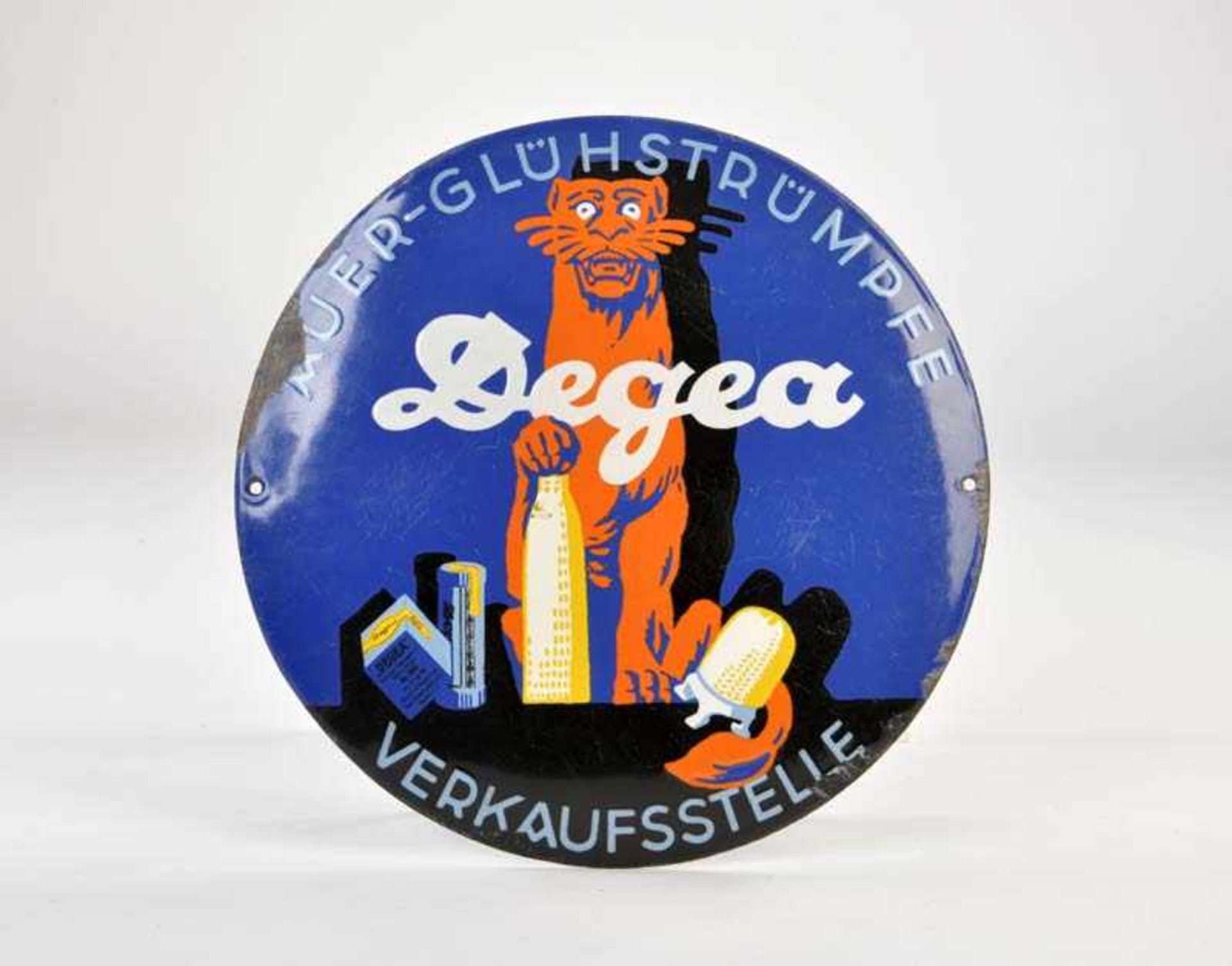 Emailleschild "Degea Verkaufsstelle", 20er Jahre, 30 cm Durchmesser, LM an den Rändern, Z 2Enamel