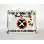 Emailleschild "Genossenschaftskasse Raiffeisen - Annahme von Spareinlagen", 40x50 cm, LM, gewölbt, Z