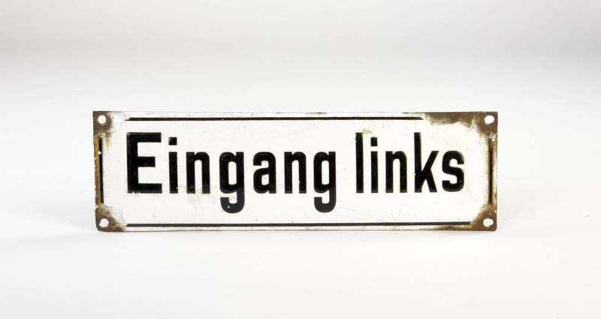 Emailleschild "Eingang links", 12x40 cm, 60er Jahre, LM an Befestigungslöchern, Z 2-3Enamel Sign "