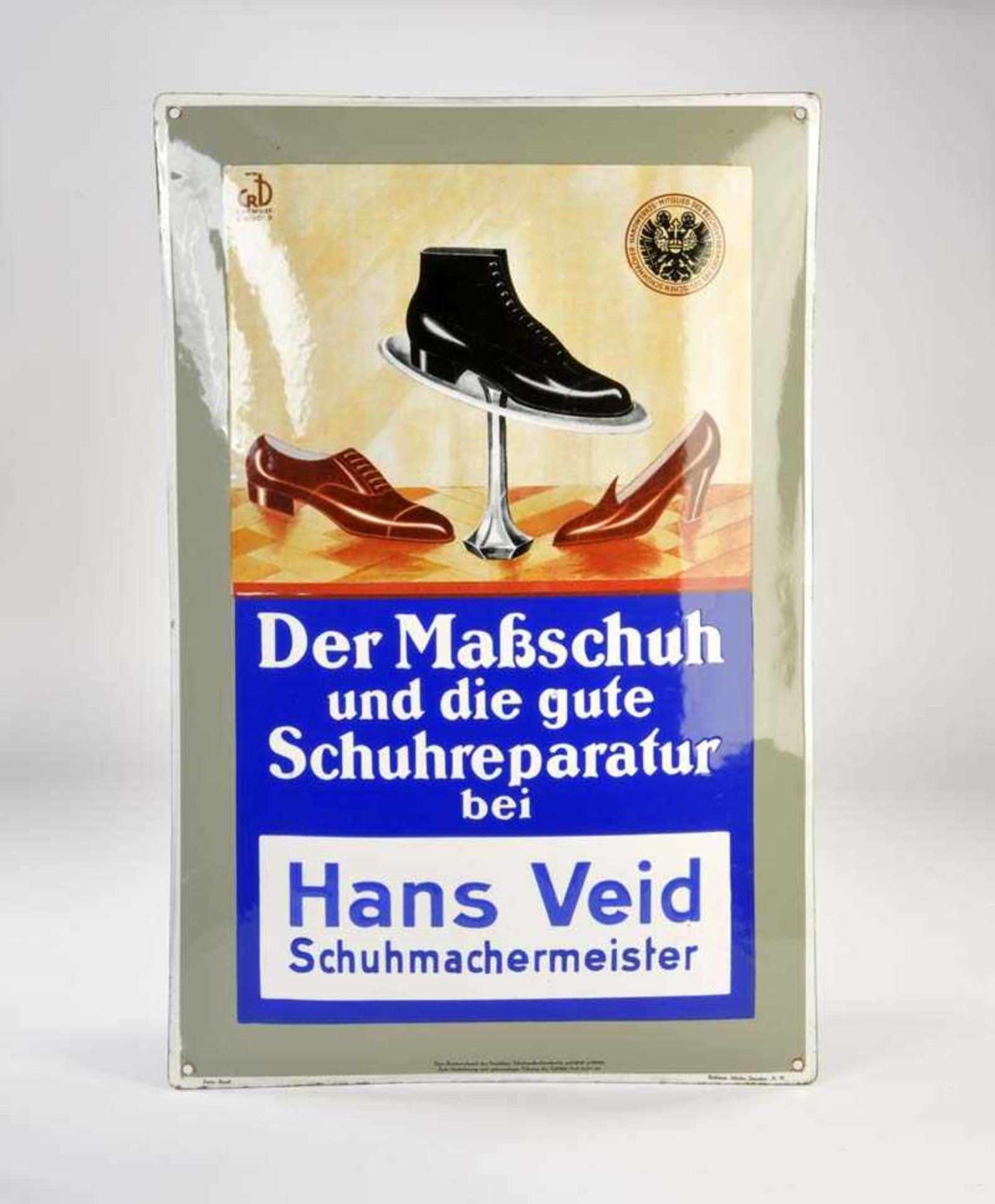 Emailleschild "Hans Veid Schuhmachermeister", 50x75 cm, gewölbt, Dresden, Z 1Enamel Sign "Hans