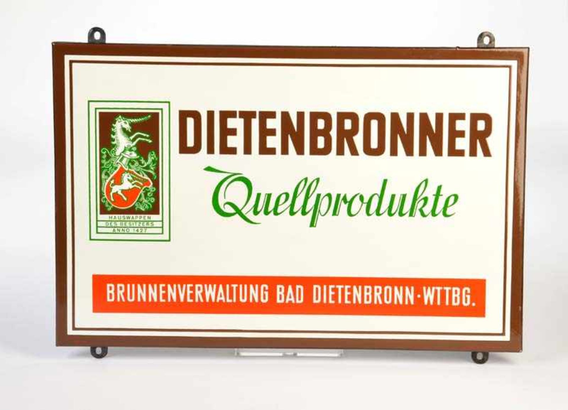 Emailleschild "Dietenbronner Quellprodukte", 38x58 cm, C. Robert Dold, Offenburg i.B., abgekantet, Z