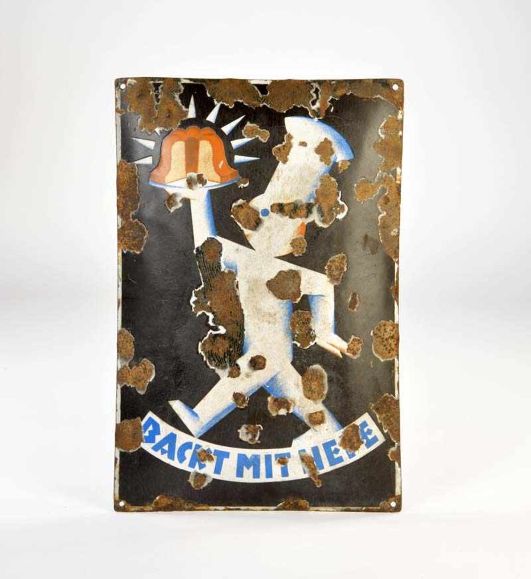 Emailleschild "Back mit Hefe", 33x49,5 cm, RS, gewölbt, Z 4Emailleschild "Back mit Hefe", rust d.,