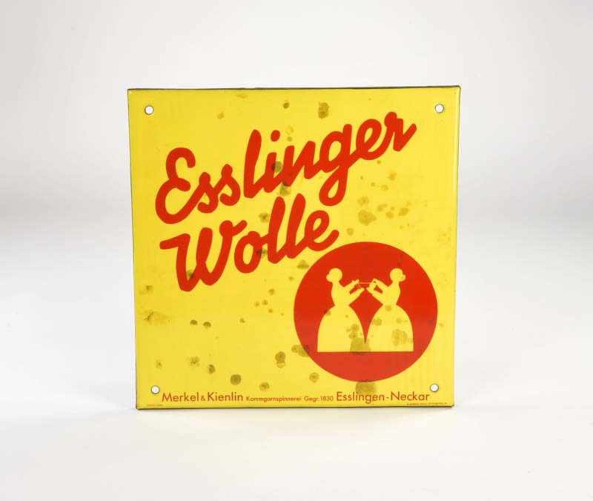 Emailleschild "Esslinger Wolle", 38x38 cm, LM, abgekantet, Robert Dold Offenburg, fleckig, Z 3Enamel