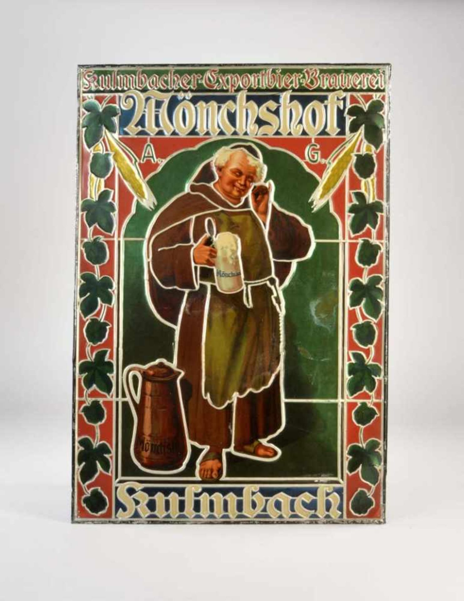 Blechschild "Mönchshof Kulmbach Exportbier Brauerei", 51,5x75,5 cm, min. LM, Z 2Tin Plate Sign "