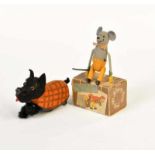 Schuco, Gymnast Mouse with Dog, US Z. Germany, mixed constr., cw ok, box C 2, dog without ball, C