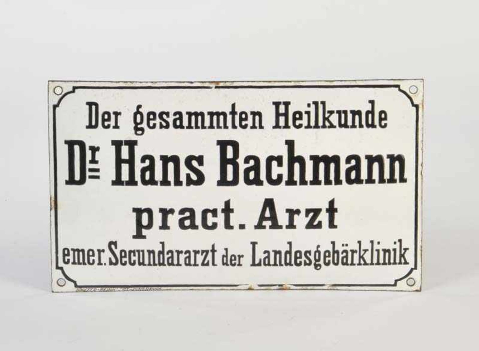 Enamel Sign "Dr. Hans Bachmann, Landesgebärklinik", C 1-2Emailleschild "Dr. Hans Bachmann,