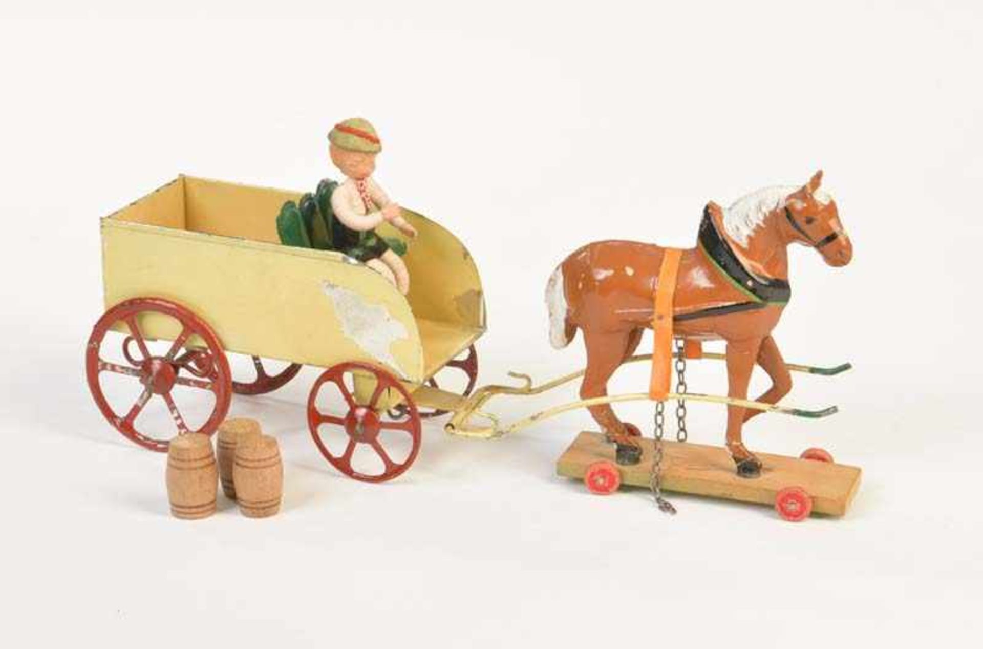 Carriage, paint d., out of tin, doll out of celluloide, C 2-3Fuhrwerk, 34 cm, LM, Kutsche aus Blech,