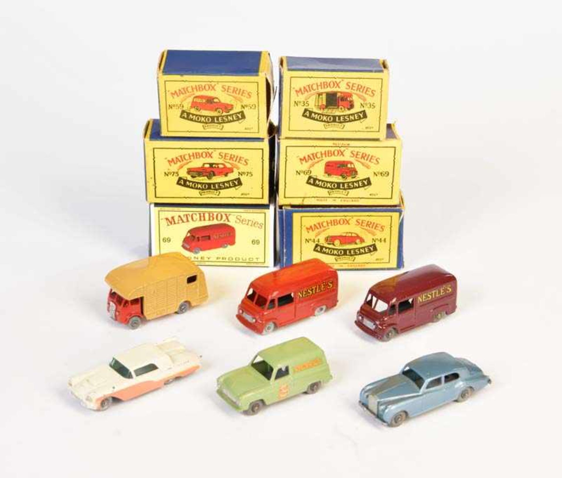 Matchbox, 6 Cars, England, diecast, part. min. paint d., 1x reprobox + 5x original box, mostly