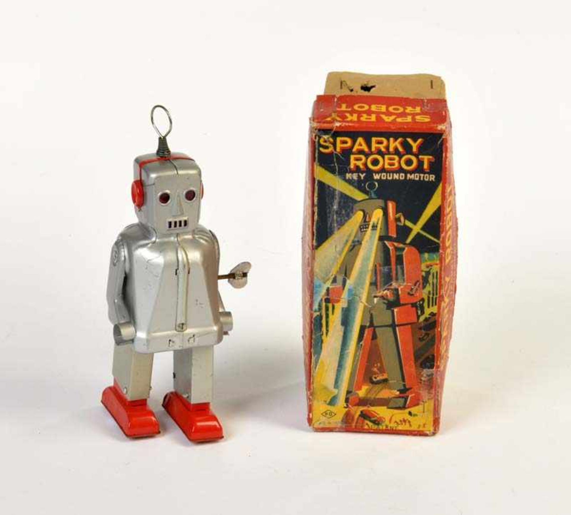KO Yoshiya, Sparky Robot, tin, cw ok, min. paint d., box resored, with fire stone, C 2KO Yoshiya,