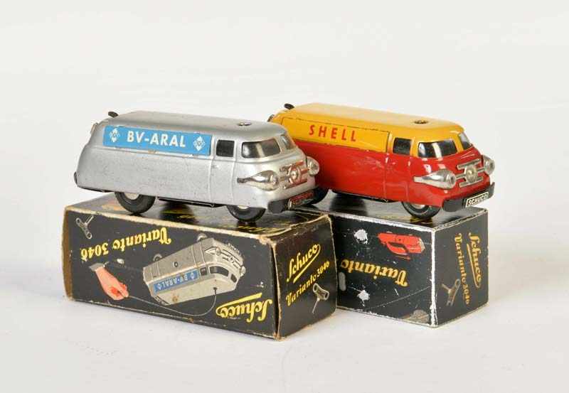 Schuco, 2x Varianto 3046 Bus Shell + ARAL, tin, cw ok, min. paint d., 1x reprobox + 1x original