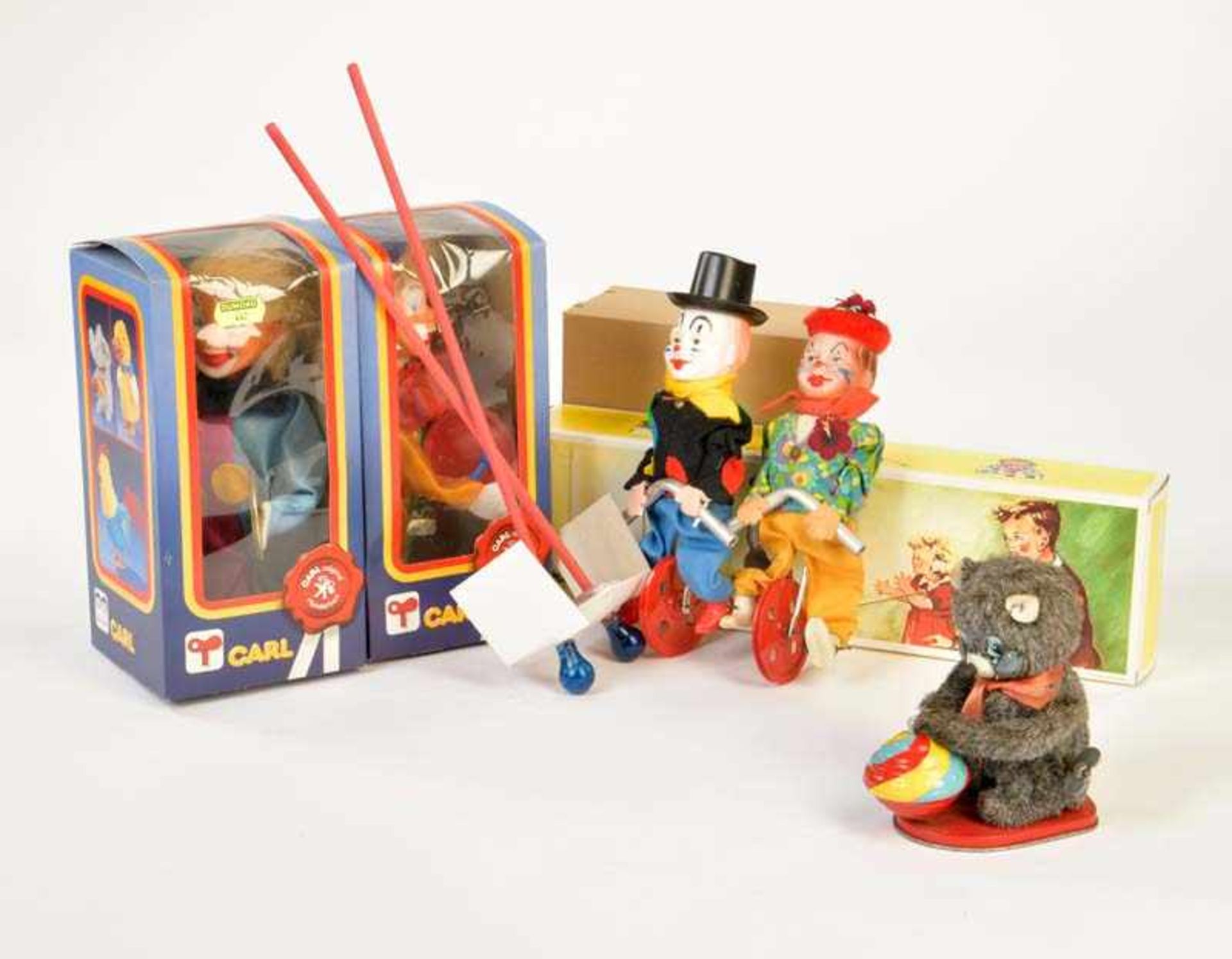 Carl a.o., 2 Music Clowns, Bear + Feco Clown, W.-Germany, Japan, box C 1, mostly as newCarl u.a.,