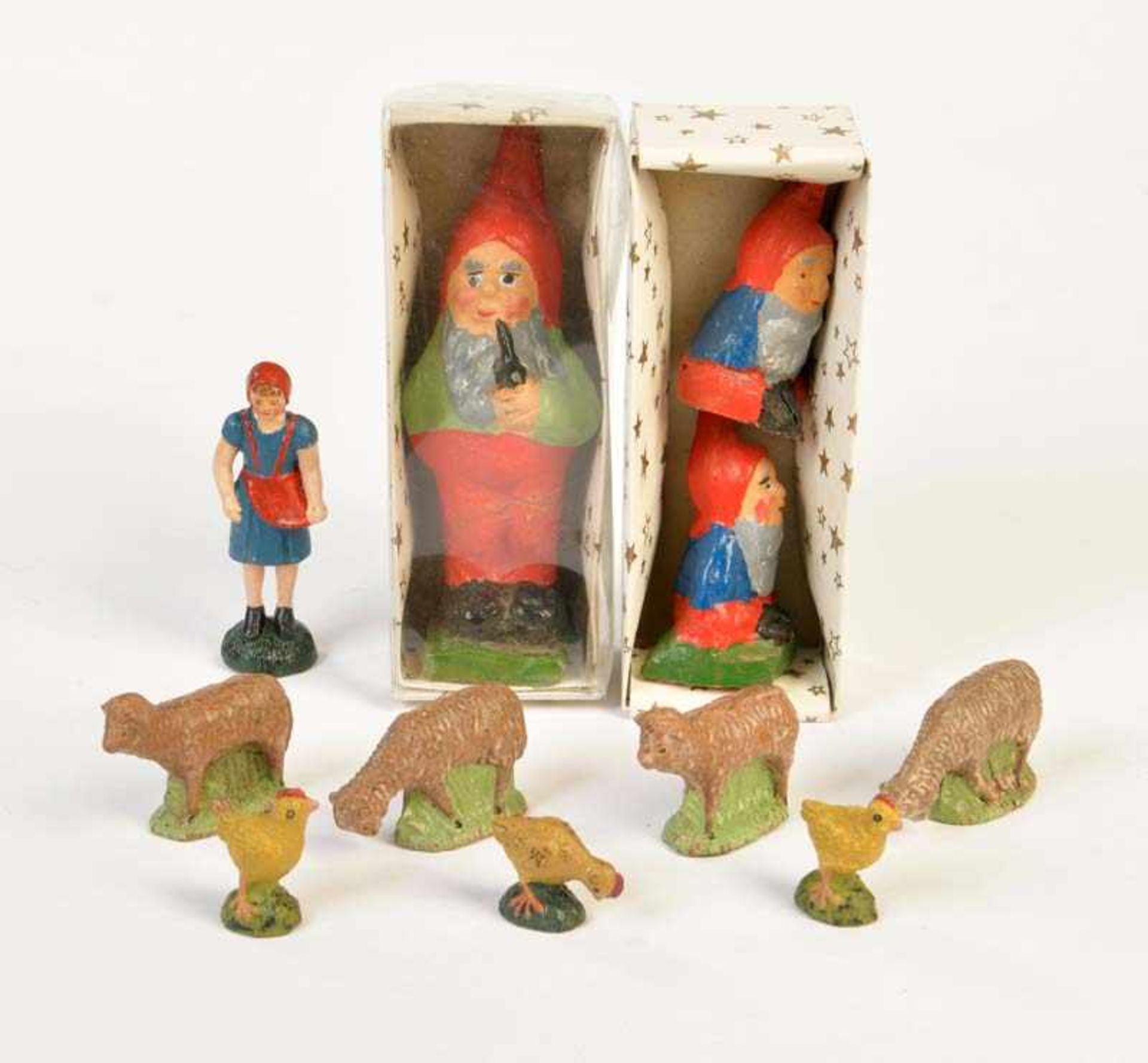 Bundle Figures, Dwarfs, Young Shepherdess + Animals, composite + porcelain, unmarked, good