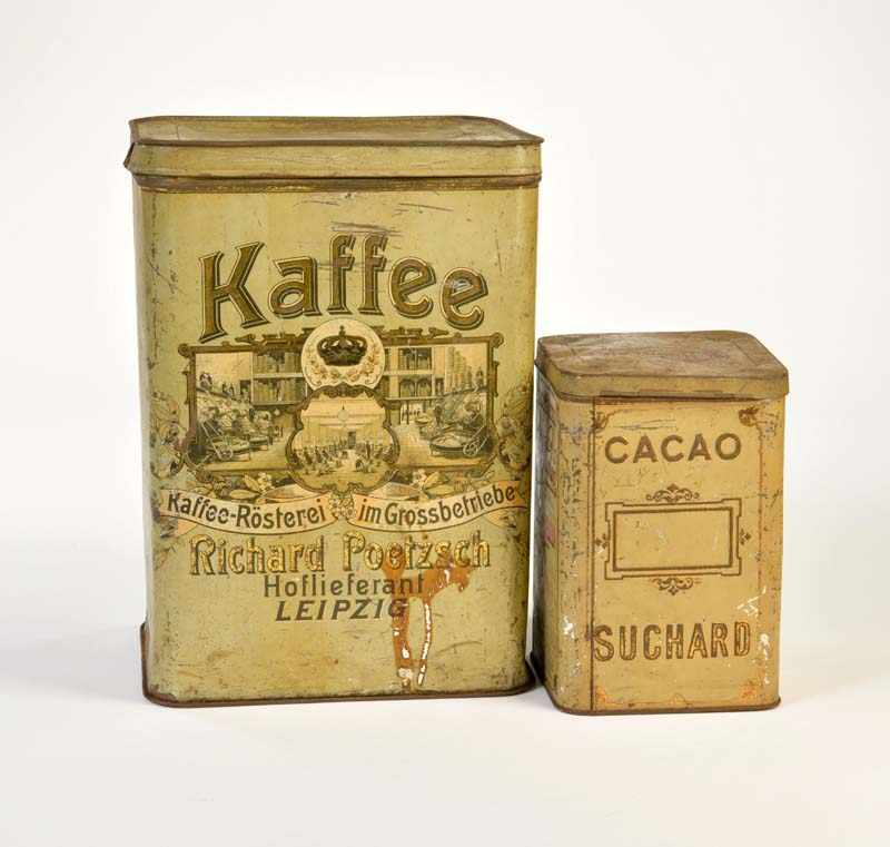 2 Tin Cans "Suchard Cacao" + "Richard Poetzsch Kaffee", Germany pw, paint d. traces of age, please