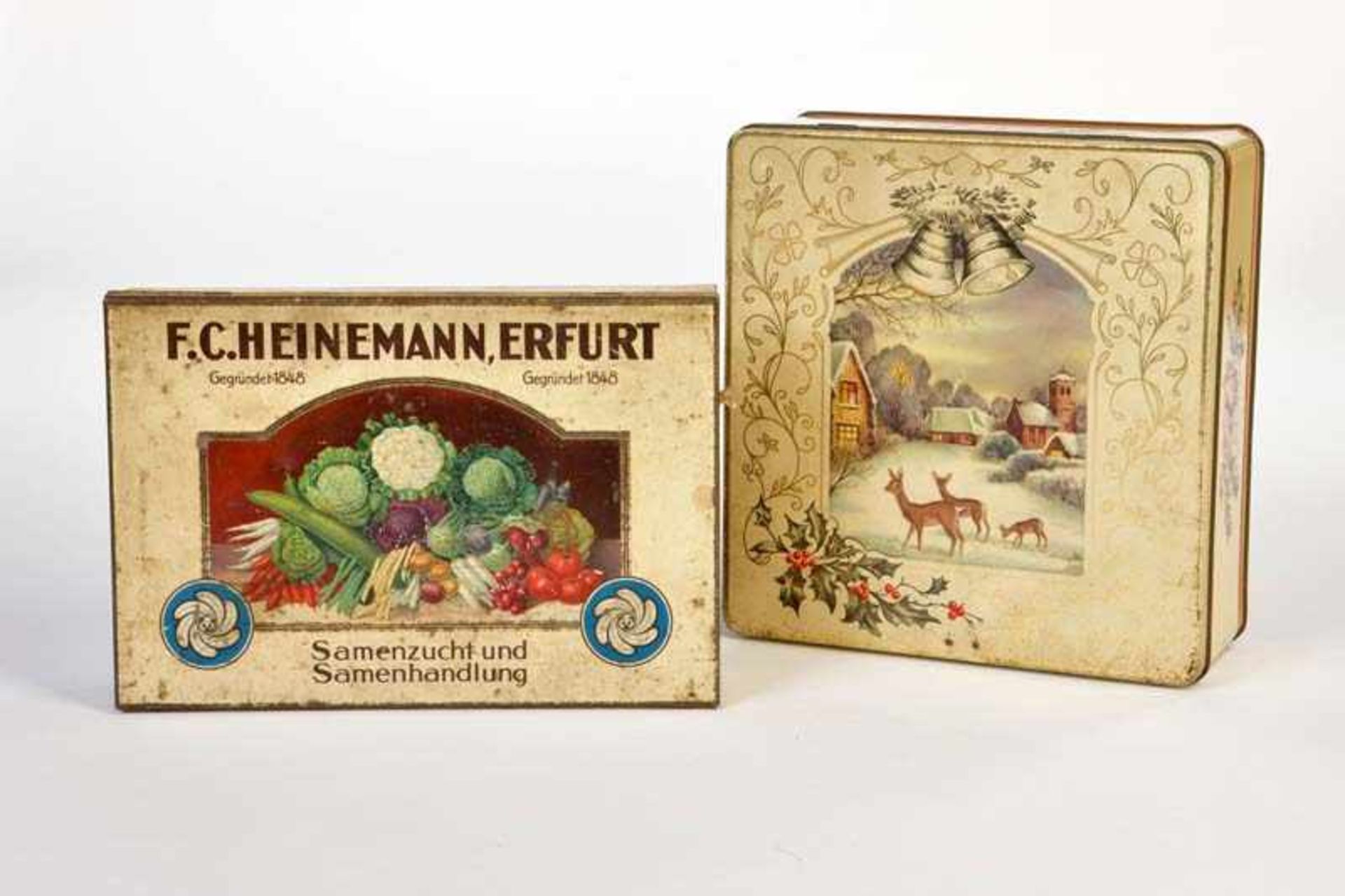 2 Tin Cans "Heinemann Samenzucht und Samenhandlung" + Christmas, paint d., C 2+/32 Blechdosen "