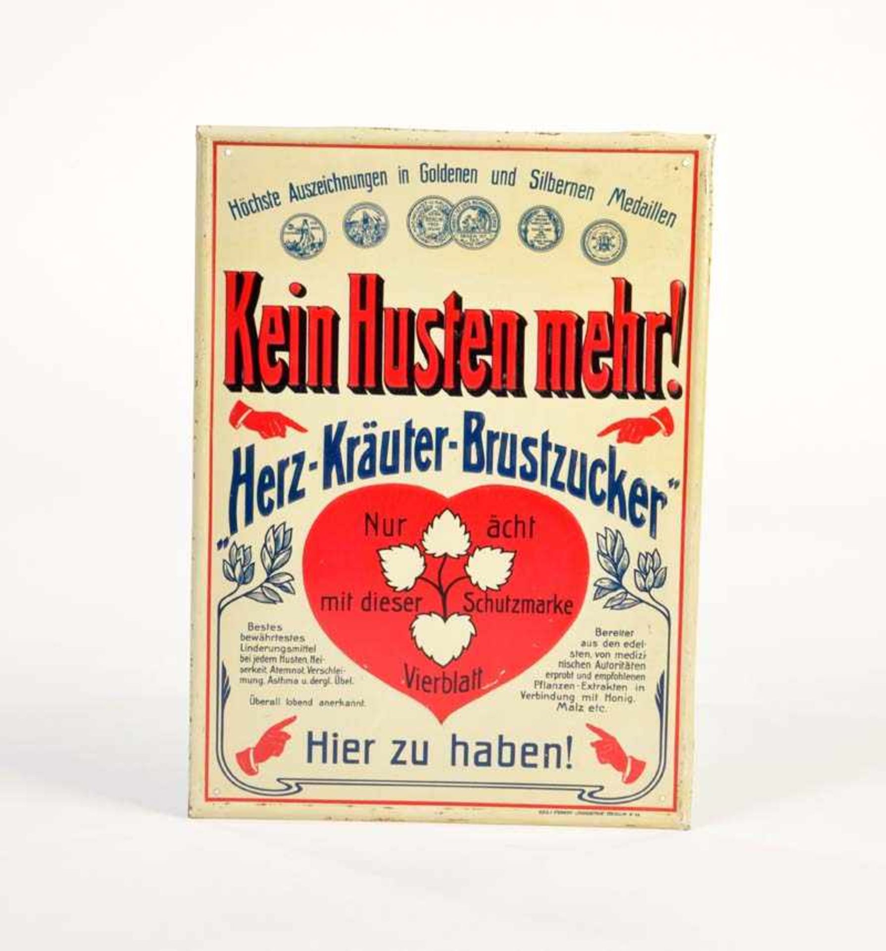 Tin Plate Sign "Herz Kräuter Brustzucker", Germany pw, min. paint d., C 1-2Blechschild "Herz Kräuter