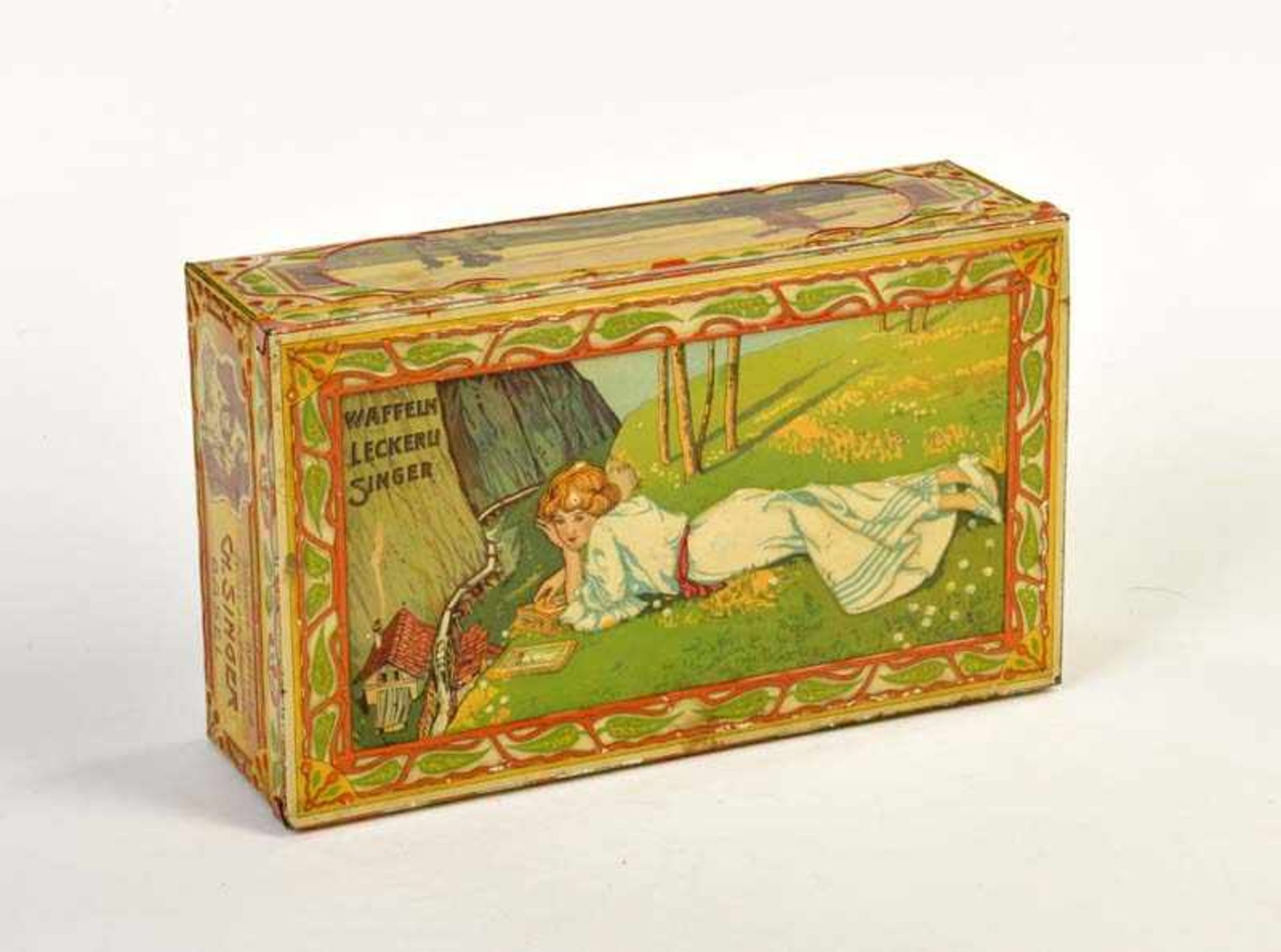 Tin Can "Singer", Art Nouveau, Basel-Schweiz, around 1910, C 1-2Blechdose "Singer", 24x14x7 cm,