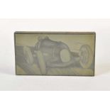 Printed Lithography with Racing Car Motive on wooden Board, good conditionDruck Lithografie mit